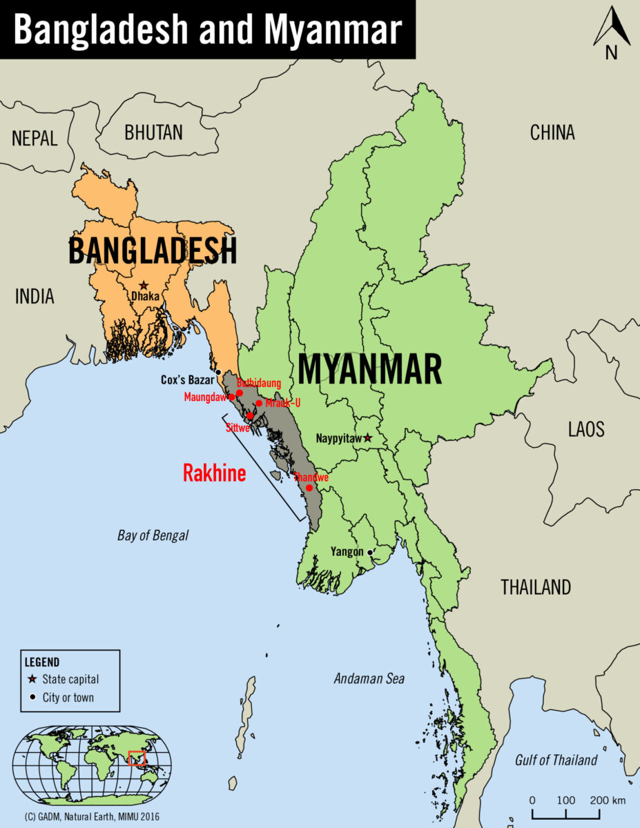 Landkarte Bangladesch, Myanmar mit Rakhine Staat